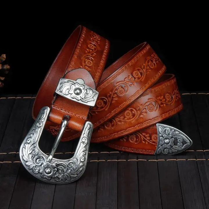 Cintura Uomo in Pelle Stile Western Fibbia Incisa Classica