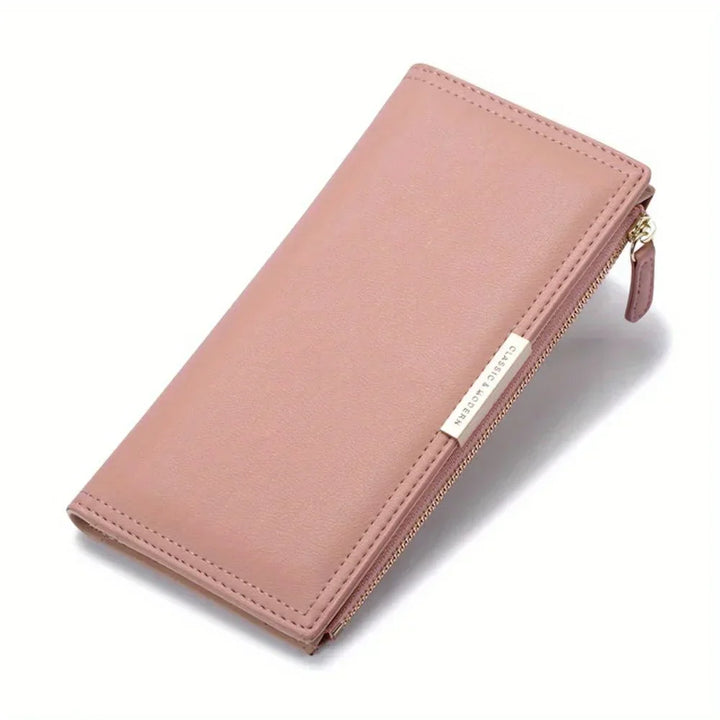 Portafoglio donna in pelle rosa, design elegante con chiusura a zip dorata, ideale per moda femminile e accessori di lusso.