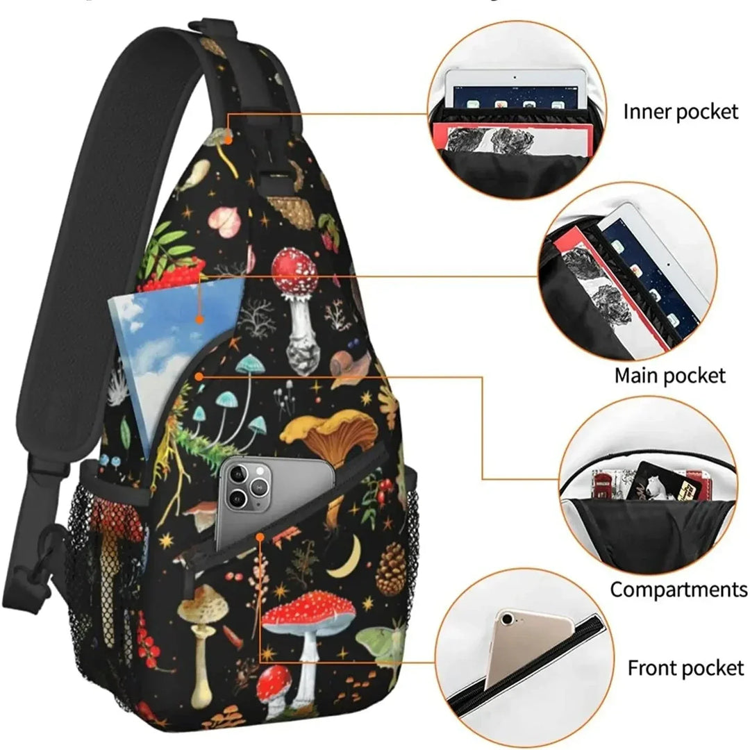 Zaino a tracolla con stampa di funghi, tasche multiple, scomparti interni, tasca frontale per smartphone, ideale per escursioni e viaggi.