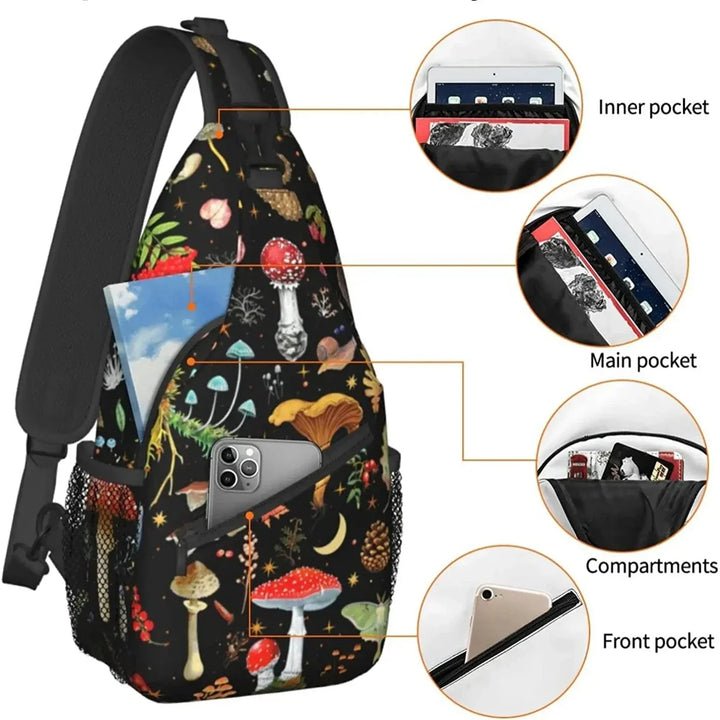 Zaino a tracolla con stampa di funghi, tasche multiple, scomparti interni, tasca frontale per smartphone, ideale per escursioni e viaggi.