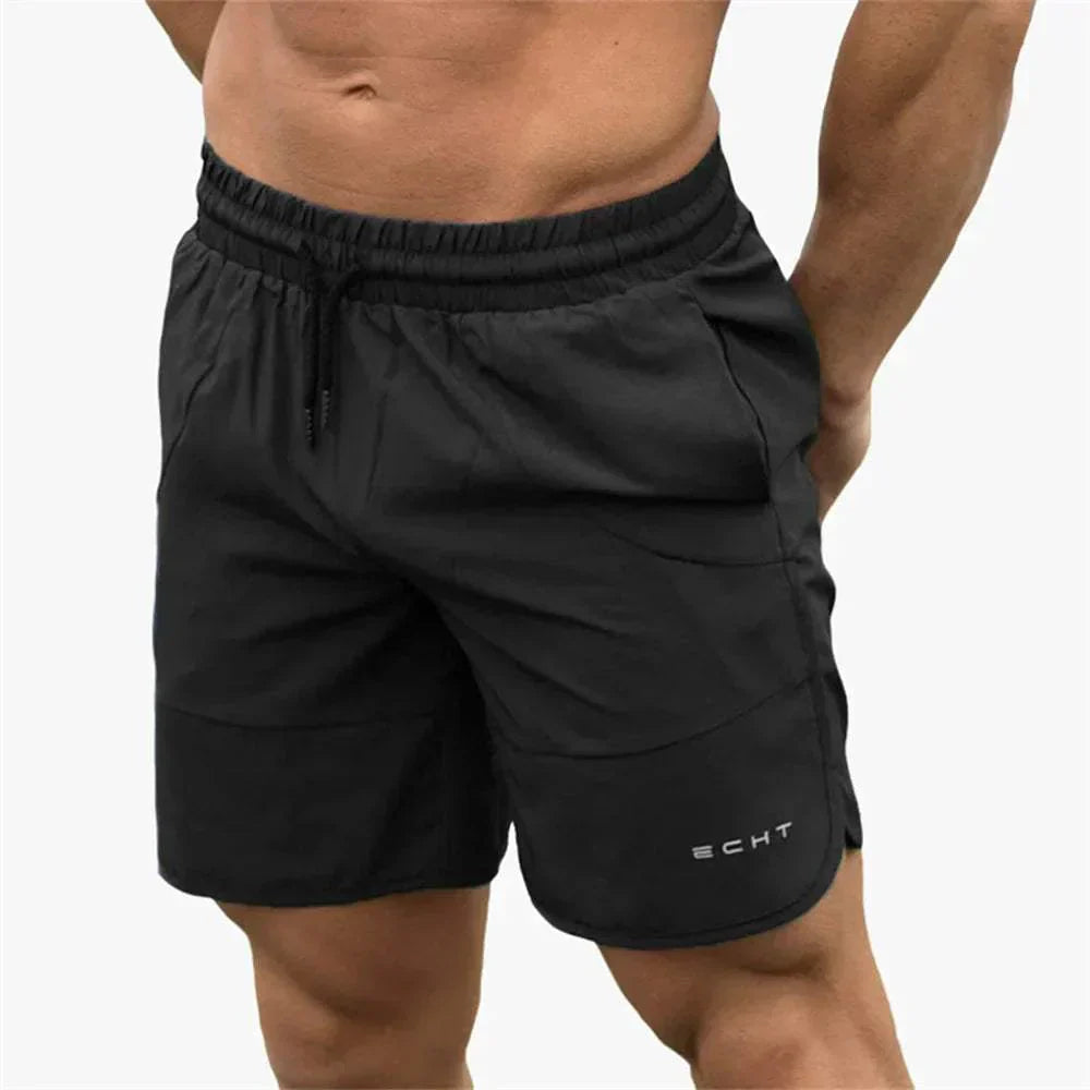 Pantaloncini sportivi neri da uomo, elastico in vita, marchio ECHT, ideali per palestra e fitness. Design moderno e confortevole.