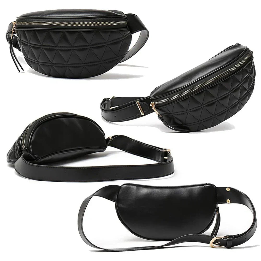 Marsupio nero in pelle trapuntata con cerniera dorata, design geometrico, cintura regolabile. Accessorio moda unisex, pratico e versatile.