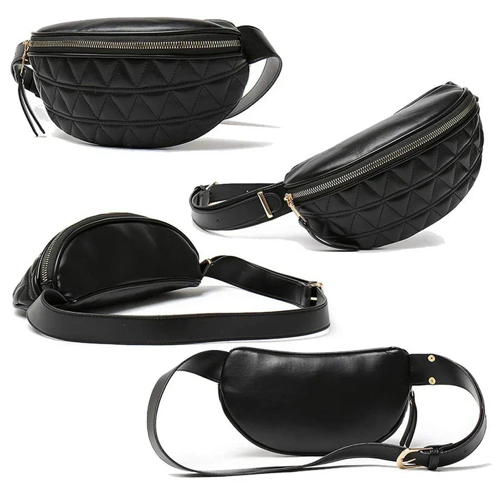 Marsupio nero in pelle trapuntata con cerniera dorata, design geometrico, cintura regolabile. Accessorio moda unisex, pratico e versatile.