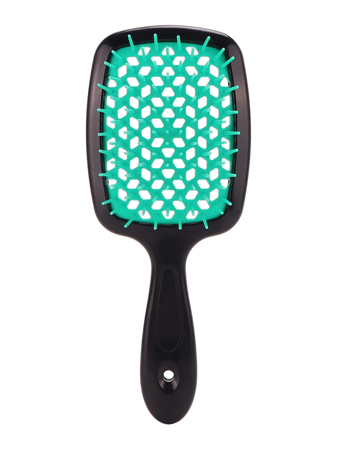Spazzola per capelli nera con setole verdi, design a nido d'ape, manico ergonomico. Ideale per districare e lisciare capelli. Accessorio styling capelli.