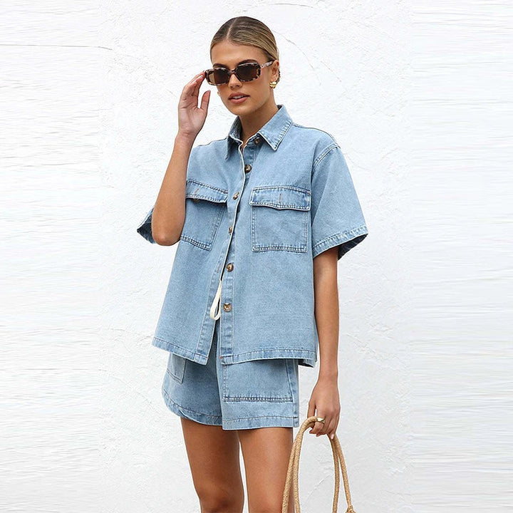Set Estivo Donna Camicia Cotone Shorts Vita Elastica