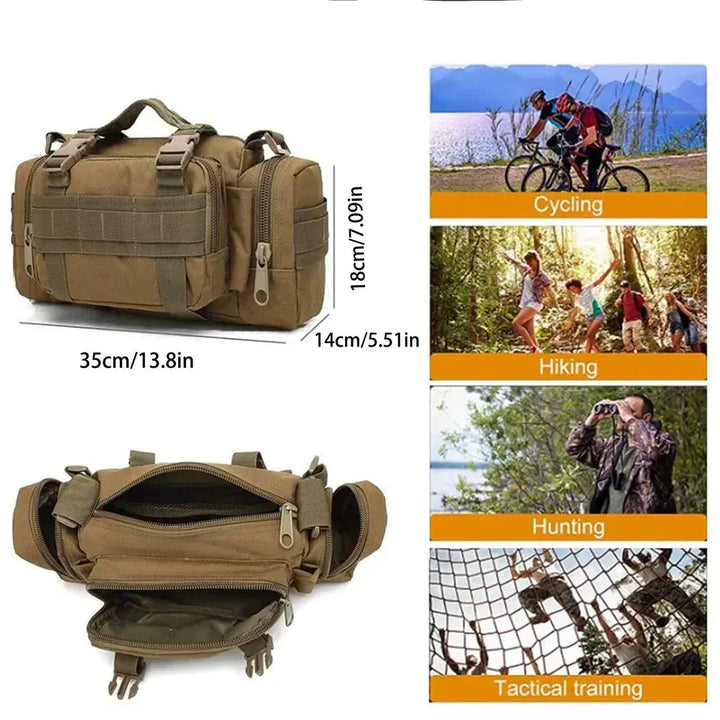 Borsa a tracolla tattica multifunzione in nylon impermeabile, dimensioni 35x14x18 cm, ideale per ciclismo, escursionismo, caccia e allenamento tattico.