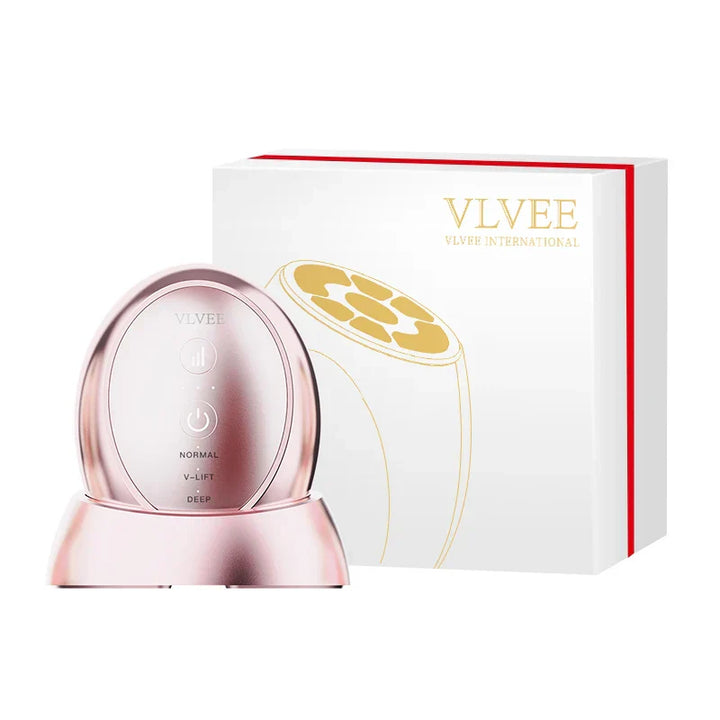 Dispositivo massaggio viso VL VEE rosa, confezione elegante, tecnologia lifting, cura della pelle, anti-età, bellezza, trattamento viso avanzato.