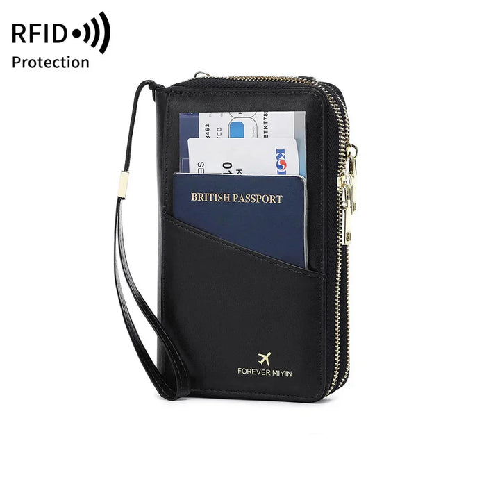 Portafoglio da viaggio nero con protezione RFID, tasche multiple, passaporto britannico visibile, ideale per documenti e carte, design compatto e sicuro.