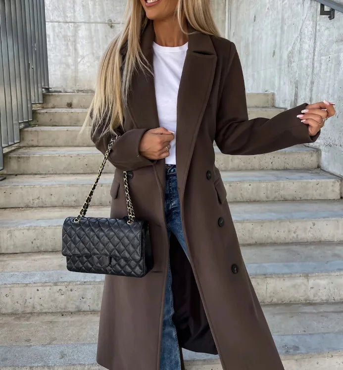 Cappotto Lungo Donna Doppiopetto Caldo con Cintura Classico - Vesarelli