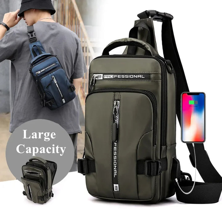 Zaino a tracolla verde con porta USB, grande capacità, tasche multiple, design moderno. Ideale per viaggi, lavoro, scuola. Disponibile anche in blu.