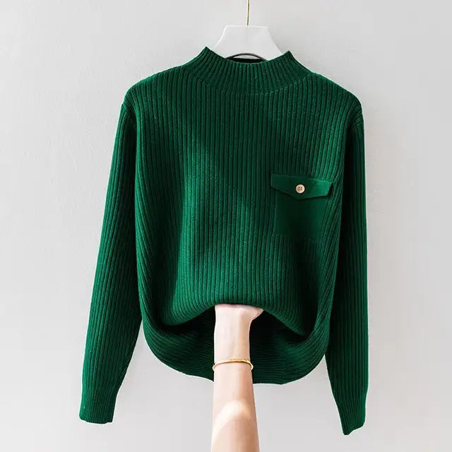 Maglione Donna a Collo Alto Maglia a Coste Maniche Lunghe Comodo
