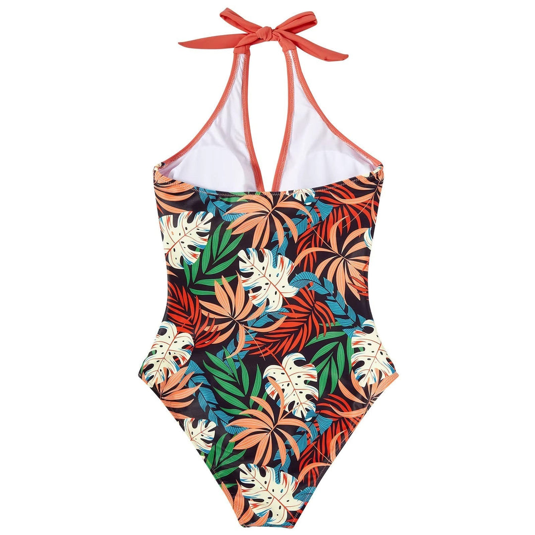 Costume intero donna con stampa tropicale, foglie colorate su sfondo nero, scollo all'americana, ideale per mare e piscina.