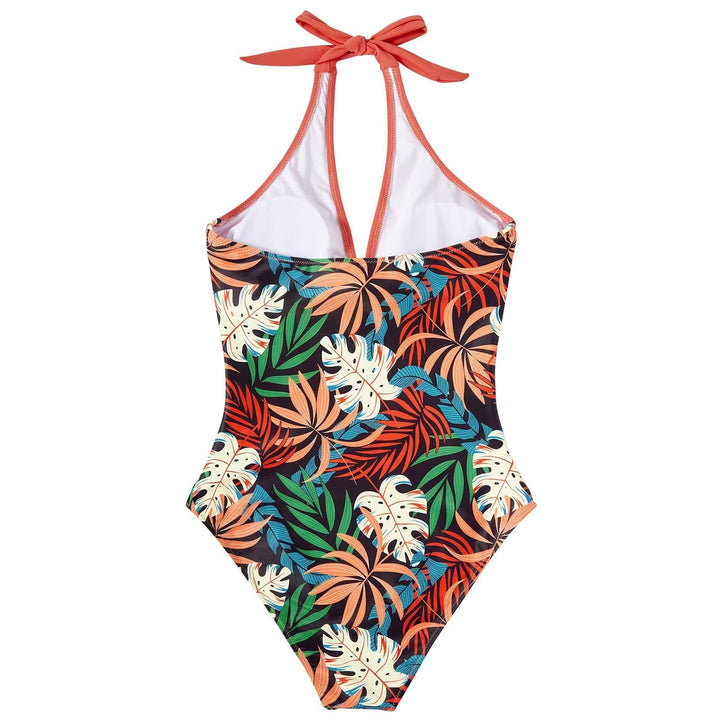 Costume intero donna con stampa tropicale, foglie colorate su sfondo nero, scollo all'americana, ideale per mare e piscina.