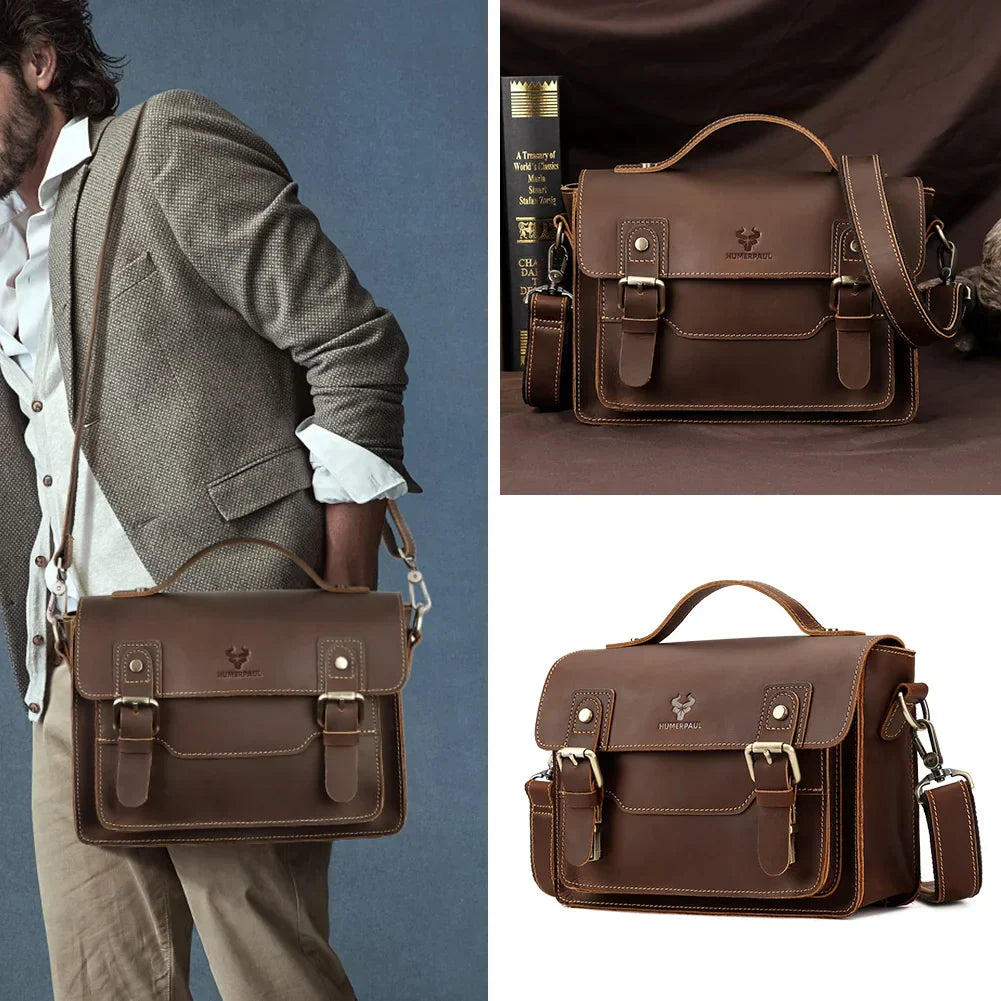 Borsa a tracolla in pelle marrone per uomo, design vintage, con fibbie e manico. Ideale per lavoro e viaggi. Elegante e funzionale.