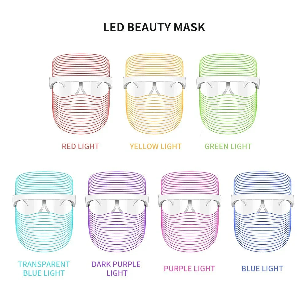 Maschera LED per il viso in 7 colori: rosso, giallo, verde, blu, viola scuro, viola, blu trasparente. Trattamento bellezza, terapia luce LED.