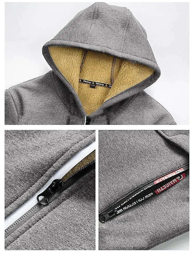 Felpa con cappuccio grigia, interno in pile beige, cerniera frontale e tasca laterale con zip. Abbigliamento casual, caldo e confortevole.