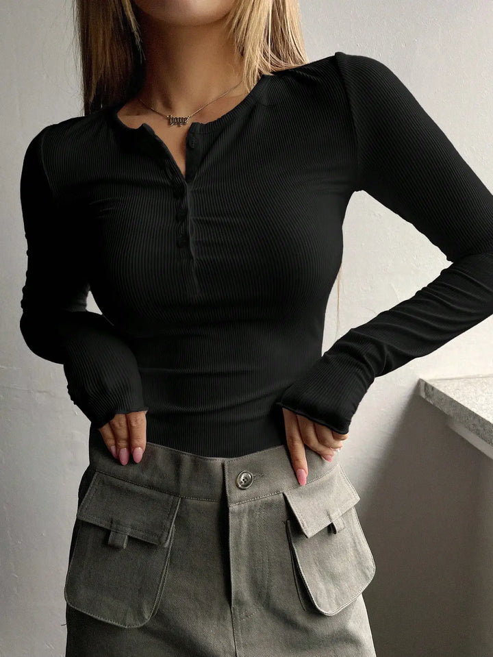 Donna Costine Maniche Lunghe Scollo Henley con Bottoni