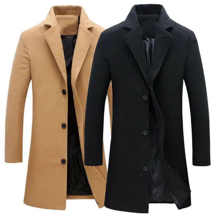 Cappotti eleganti uomo in lana, beige e nero, con bottoni, design classico. Ideali per autunno e inverno. Moda maschile, abbigliamento formale.