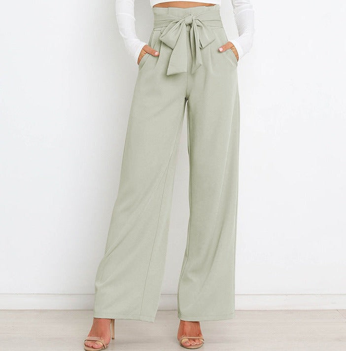Pantaloni Donna Vita Alta Larga con Cintura a Nastro