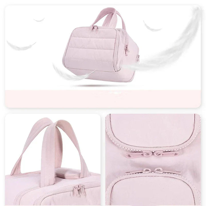 Borsa da viaggio rosa chiaro con manici resistenti e cerniere doppie, design elegante e spazioso, ideale per viaggi e uso quotidiano.