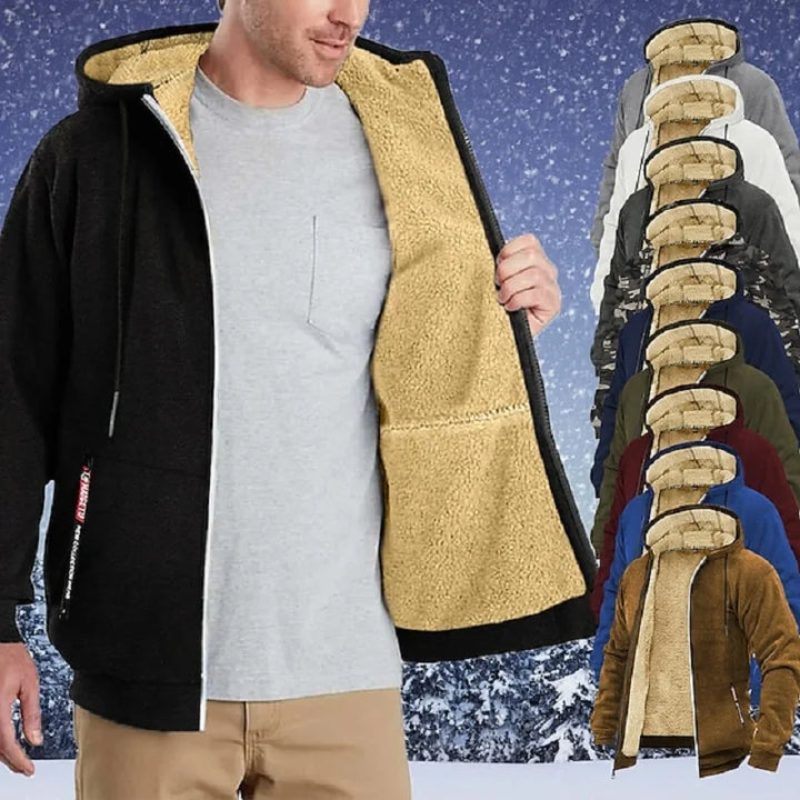Giacca invernale uomo con cappuccio, interno in pile, disponibile in vari colori. Perfetta per il freddo, moda maschile, abbigliamento caldo.