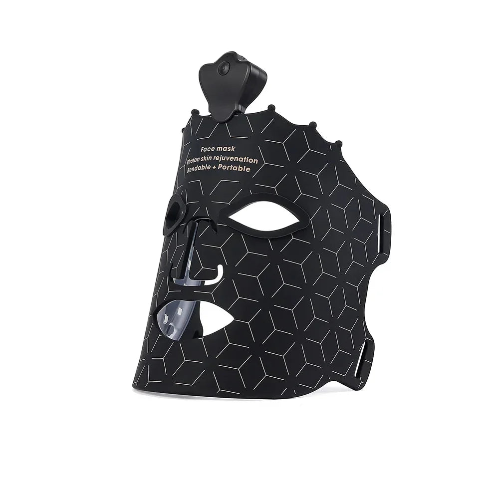 Maschera LED nera per ringiovanimento facciale, design geometrico, portatile, terapia luce, cura pelle, anti-invecchiamento, bellezza viso.