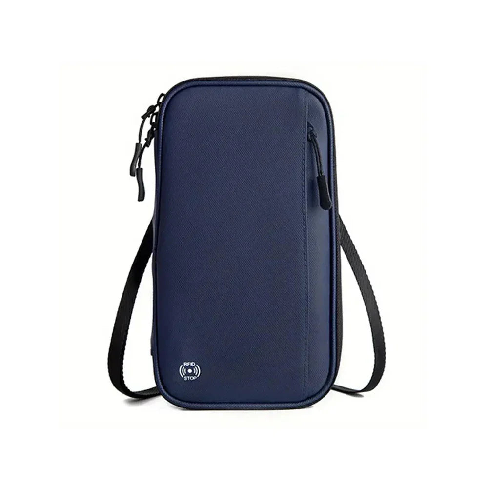 Borsa a tracolla antifurto blu scuro, design compatto, tasca frontale con zip, ideale per viaggi e uso quotidiano. Sicurezza e stile.