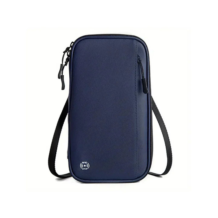 Borsa a tracolla antifurto blu scuro, design compatto, tasca frontale con zip, ideale per viaggi e uso quotidiano. Sicurezza e stile.