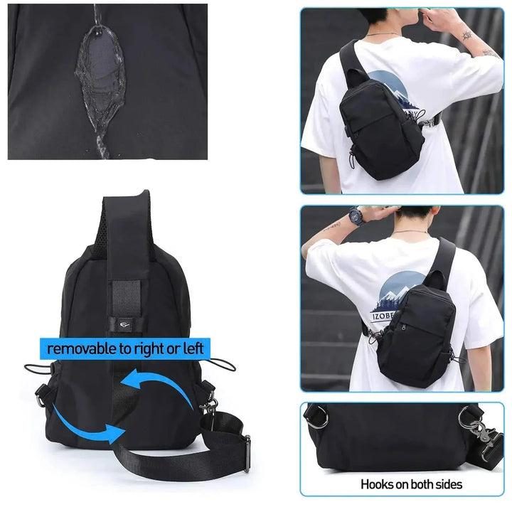 Zaino nero unisex con tracolla regolabile, tasca frontale, ganci laterali, design versatile per uso quotidiano. Adatto per uomo e donna.