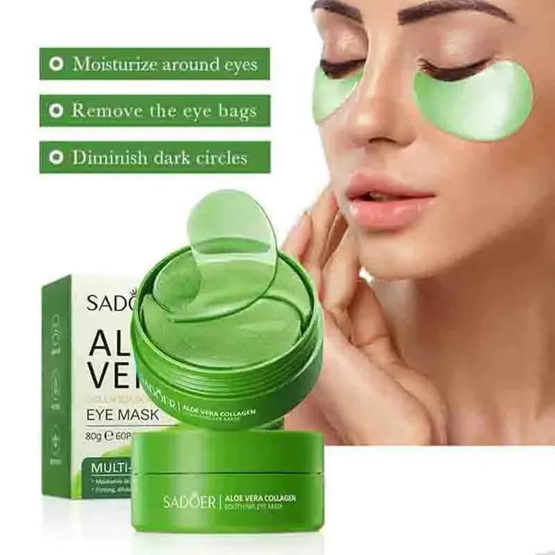 Maschera occhi al collagene Aloe Vera Sadoer, idratante, riduce borse e occhiaie, confezione da 60 pezzi, immagine promozionale con modella.