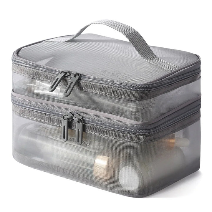 Borsa trasparente da viaggio con doppia cerniera, ideale per cosmetici e articoli da toeletta. Design compatto e resistente, perfetto per l'organizzazione.