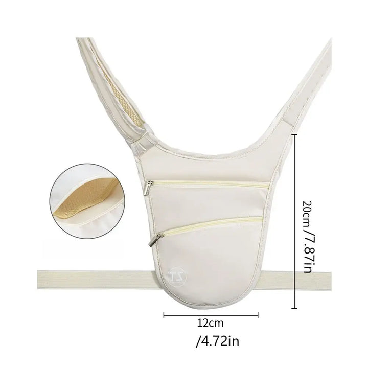 Marsupio antifurto beige con tasche multiple, dimensioni 20x12 cm, ideale per viaggi e sicurezza. Design ergonomico e leggero.