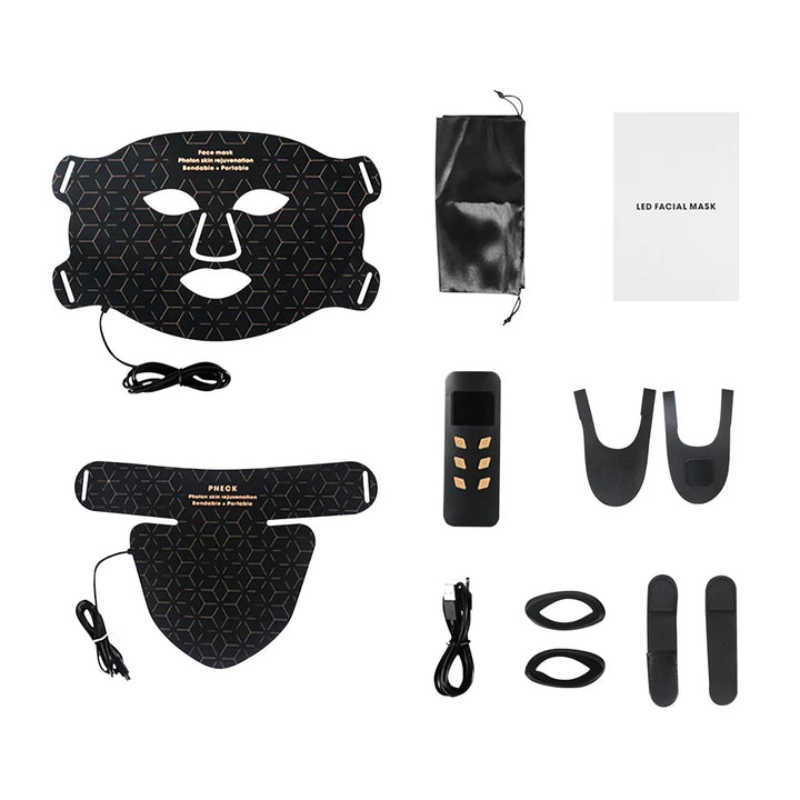 Maschera facciale LED nera con accessori, telecomando, cavi e custodia. Dispositivo per cura della pelle, terapia luce LED, bellezza viso.