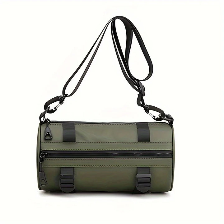 Borsa a tracolla cilindrica verde oliva, design moderno, doppia cerniera, cinturini regolabili, ideale per viaggi e uso quotidiano.