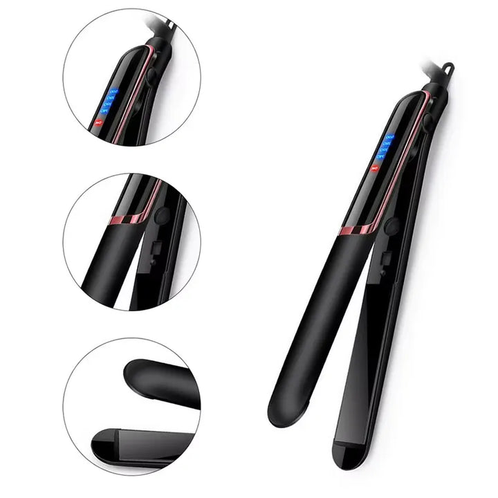 Piastra per capelli nera con display digitale, design ergonomico, controllo temperatura regolabile, ideale per styling professionale e liscio perfetto.