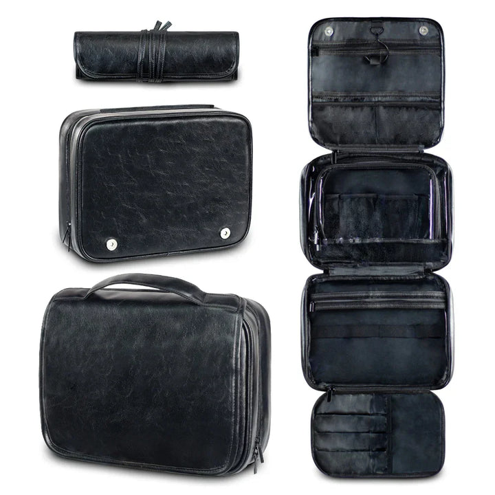 Borsa da toilette in pelle nera, design elegante e compatto, con scomparti multipli e chiusura a zip, ideale per viaggi e organizzazione accessori.