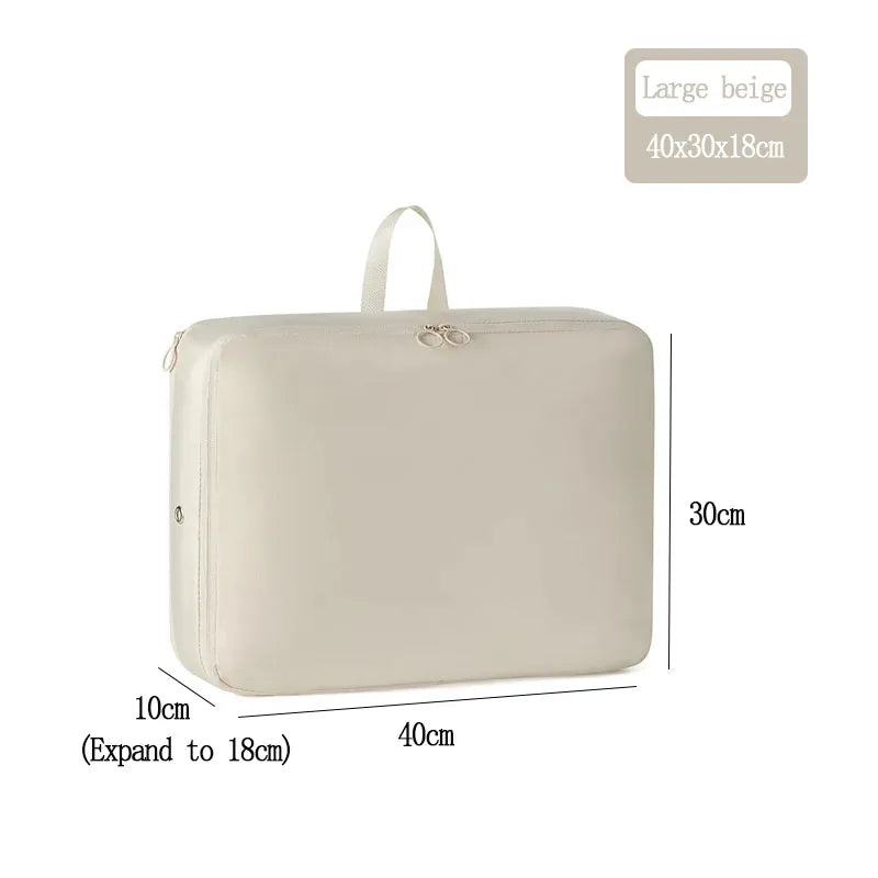 Borsa organizer da viaggio beige grande, dimensioni 40x30x18 cm, espandibile, con manico superiore e doppia cerniera, ideale per valigia.