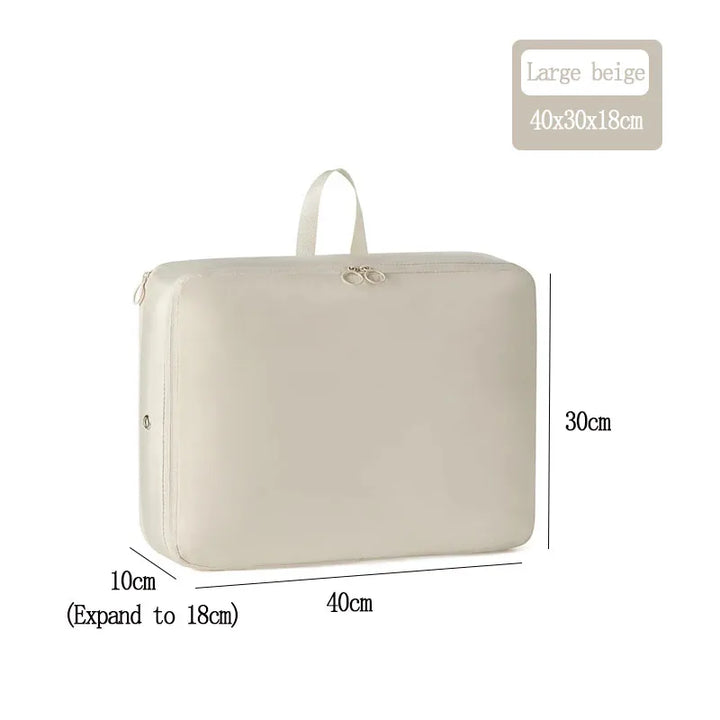 Borsa organizer da viaggio beige grande, dimensioni 40x30x18 cm, espandibile, con manico superiore e doppia cerniera, ideale per valigia.