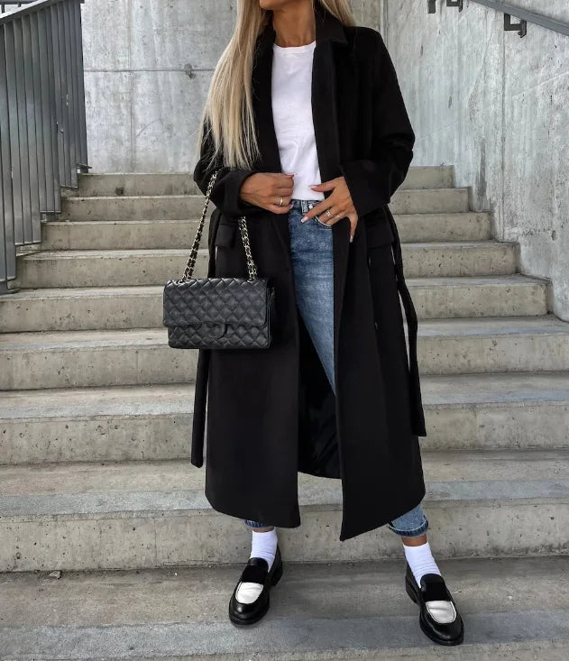 Cappotto Lungo Donna Doppiopetto Caldo con Cintura Classico