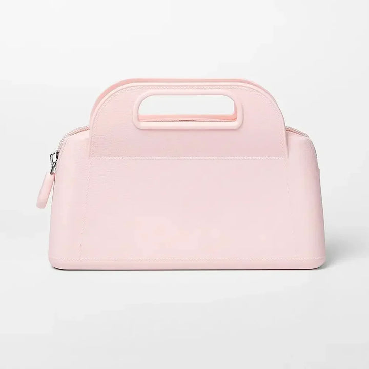 Borsa a mano rosa chiaro in pelle sintetica con manico integrato e chiusura a zip, design elegante e moderno, accessorio moda donna.