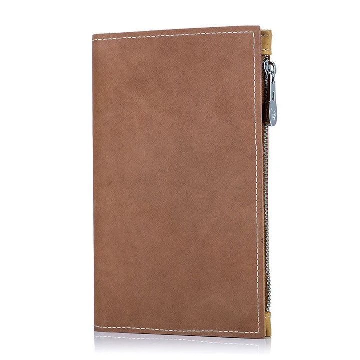 Portafoglio uomo in pelle marrone con cerniera, design elegante e compatto, ideale per carte di credito e contanti. Accessorio moda maschile.
