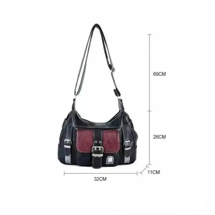 Borsa a tracolla in pelle nera e bordeaux, dimensioni 32x11x26 cm, tracolla regolabile 69 cm, design elegante e pratico per donna.
