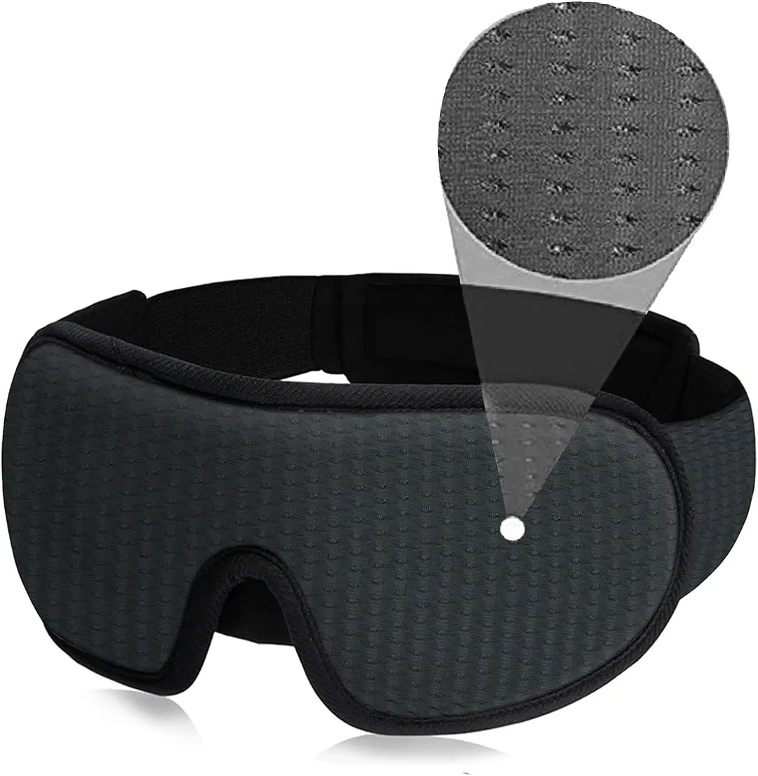 Maschera per dormire nera in tessuto traspirante, design ergonomico, blocco totale della luce, ideale per viaggi e relax. Accessorio per il sonno.