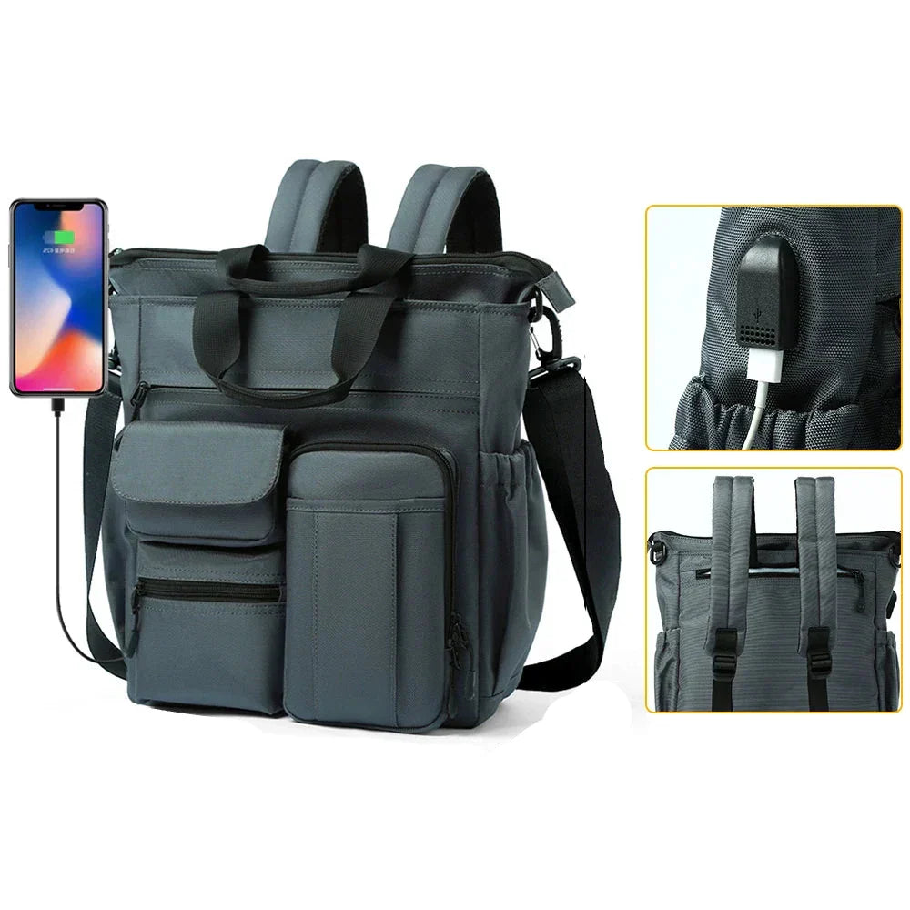 Zaino multifunzione grigio con porta USB, tasche frontali e spallacci regolabili. Ideale per viaggi, lavoro e scuola. Design moderno e pratico.