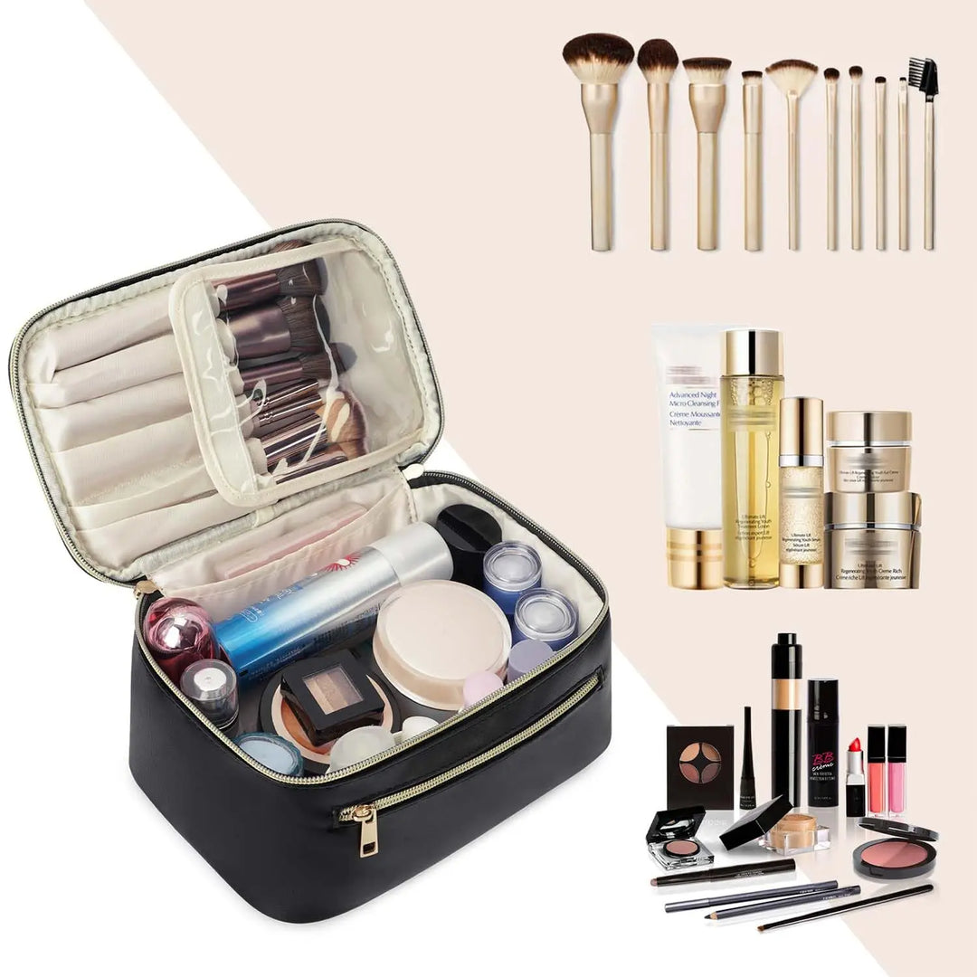 Set di trucco professionale con borsa organizer nera, pennelli, fondotinta, rossetti, ombretti e skincare. Ideale per viaggi e uso quotidiano.