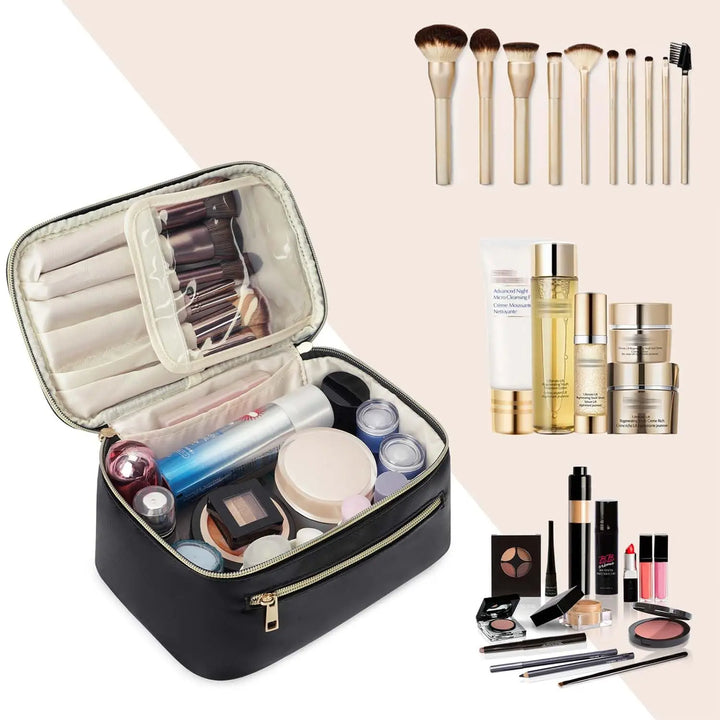 Set di trucco professionale con borsa organizer nera, pennelli, fondotinta, rossetti, ombretti e skincare. Ideale per viaggi e uso quotidiano.
