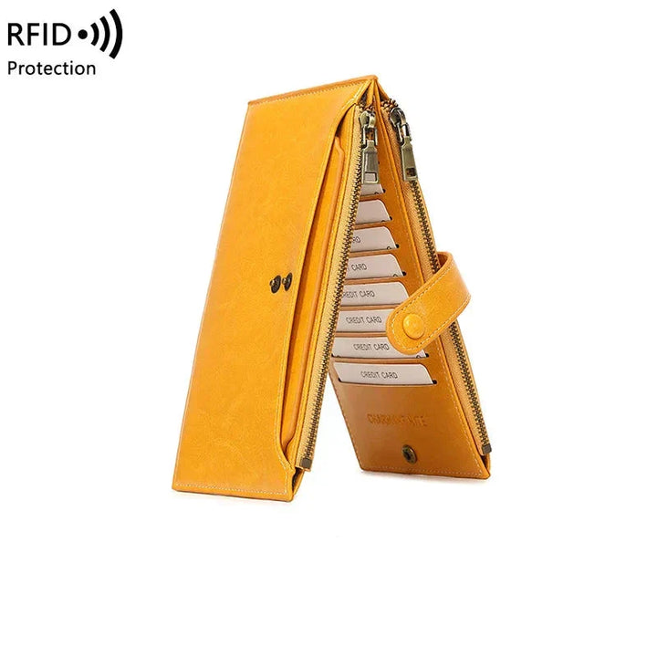 Portafoglio donna in pelle gialla con protezione RFID, design elegante, scomparti per carte di credito, chiusura a zip, ideale per sicurezza e stile.
