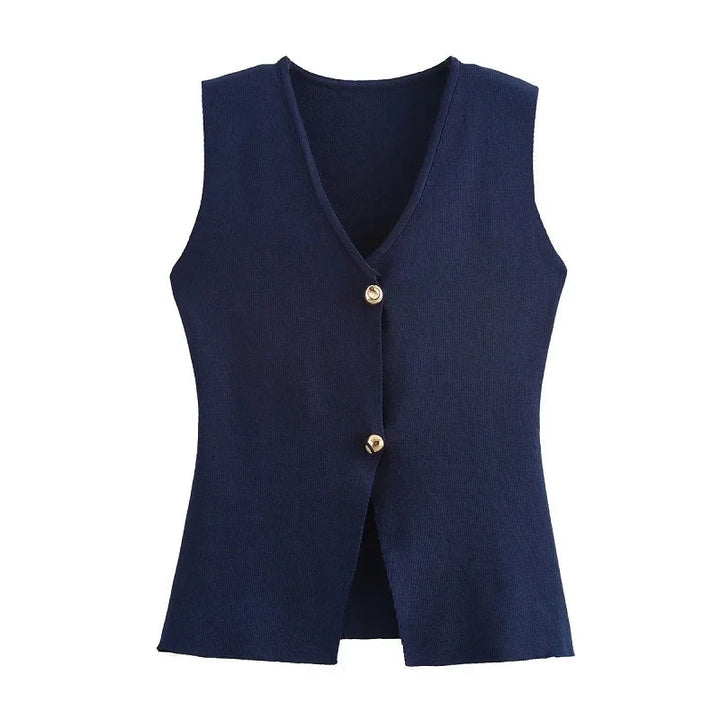 Gilet donna blu scuro senza maniche, scollo a V, chiusura a due bottoni dorati, elegante e versatile per abbigliamento casual o formale.