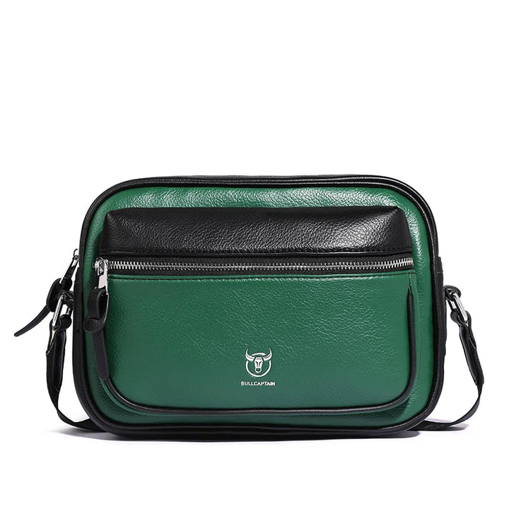 Borsa a tracolla in pelle verde e nera con zip frontale, logo Bullcaptain, design elegante e moderno, ideale per uomo.