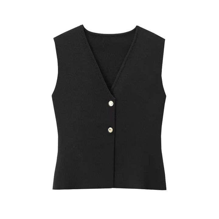 Gilet nero elegante da donna con scollo a V e due bottoni, ideale per abbigliamento formale e casual. Tessuto di alta qualità, stile moderno.